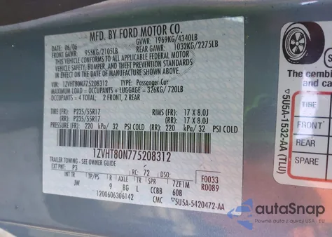 2007 Ford Mustang V6 Deluxe/V6 Premium z USA, uszkodzony, nr VIN 1ZVHT80N775208312